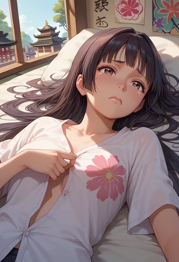 k-on!,akiyama_mio,oversized graffiti shirt,dolphin shorts  - AI generated anime art