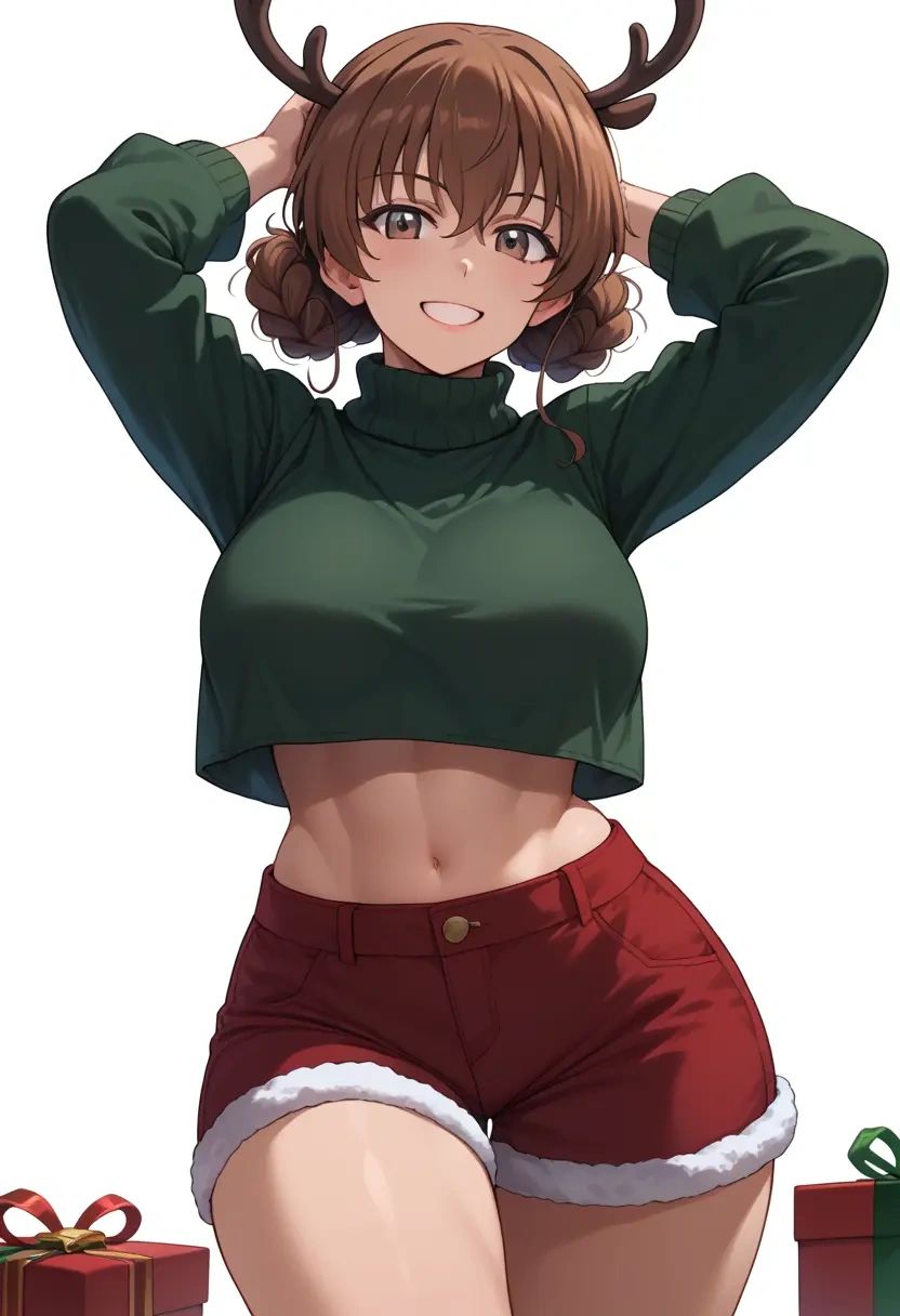 girls_und_panzer,akiyama_yukari,Christmas,red velvet shorts,turtleneck sweater  - 