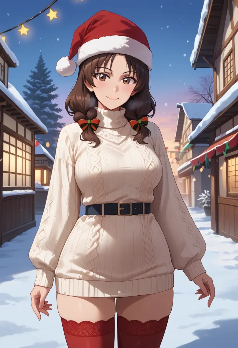 girls_und_panzer,akiyama_yukari,Christmas,sweater dress,stockings  - 