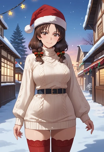 girls_und_panzer,akiyama_yukari,Christmas,sweater dress,stockings  - AI generated anime art