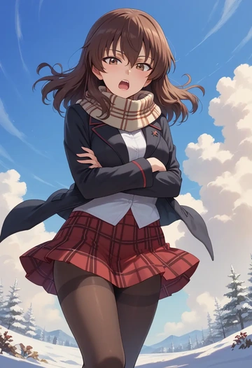 girls_und_panzer,akiyama_yukari,winter,student uniform,fur-collared jacket  - AI generated anime art