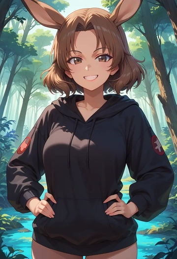 girls_und_panzer,akiyama_yukari,oversized graphic hoodie,thigh-high socks,shorts  - AI generated anime art