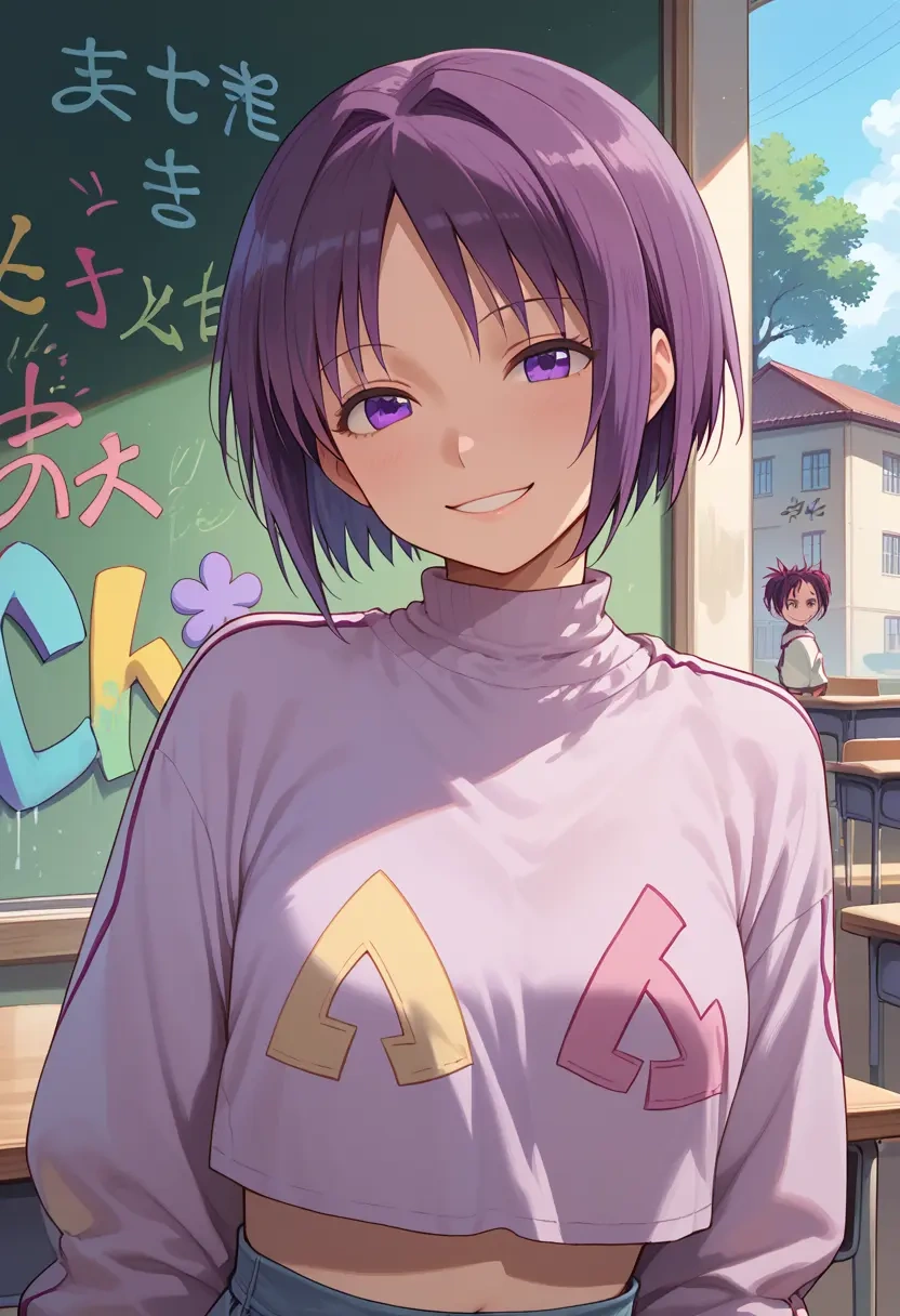 mahou_shoujo_madoka_magica,akuma_homura,cropped graffiti sweatshirt,dolphin shorts  - 