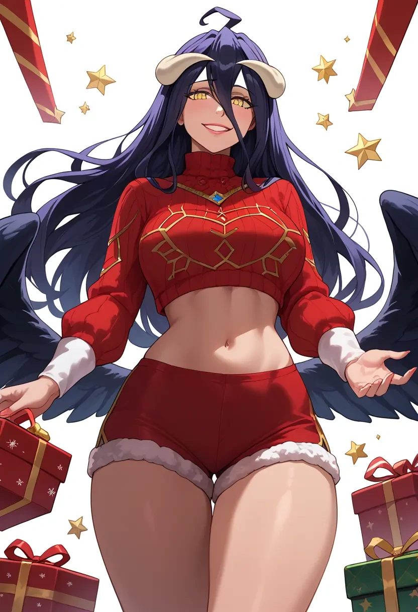 overlord_(maruyama),albedo_(overlord),Christmas,red velvet shorts,turtleneck sweater  - 