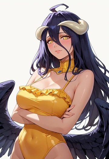 overlord_(maruyama),albedo_(overlord),retro style swimsuit,frilled neckline,bow detail  - AI generated anime art