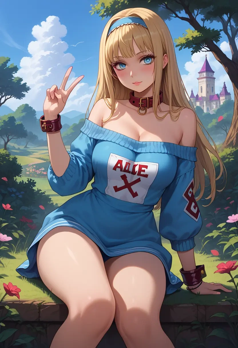 alice_in_wonderland,alice_(alice_in_wonderland),blushing,collar,peace sign,off-shoulder,sweater  - 