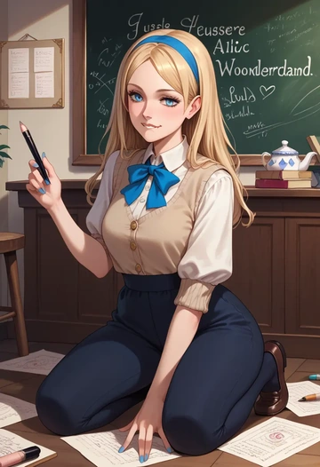 alice_in_wonderland,alice_(alice_in_wonderland),teacher, sweater  - AI generated anime art