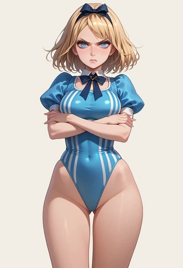 alice_in_wonderland,alice_(alice_in_wonderland),racerback swimsuit,striped trim,name tag patch  - AI generated anime art