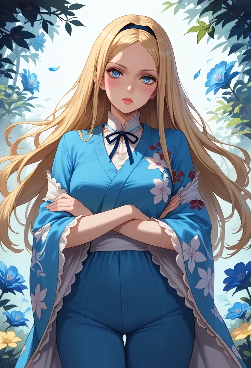 alice_in_wonderland,alice_(alice_in_wonderland),kimono,silk,wide-leg trousers  - 