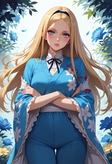 alice_in_wonderland,alice_(alice_in_wonderland),kimono,silk,wide-leg trousers  - AI generated anime art