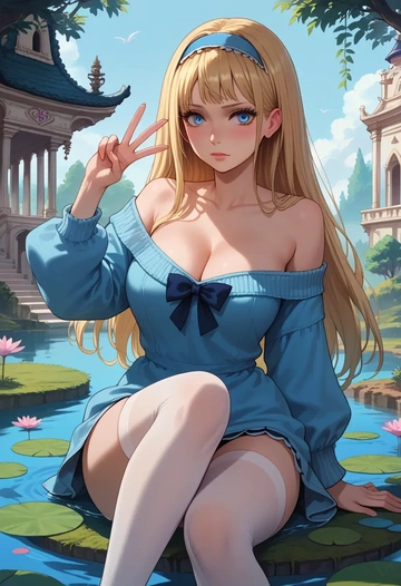 alice_in_wonderland,alice_(alice_in_wonderland),off-shoulder,sweater  - AI generated anime art