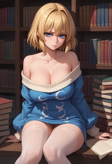 touhou,alice_margatroid_(pc-98),Pouting,off-shoulder,sweater,stockings  - AI generated anime art