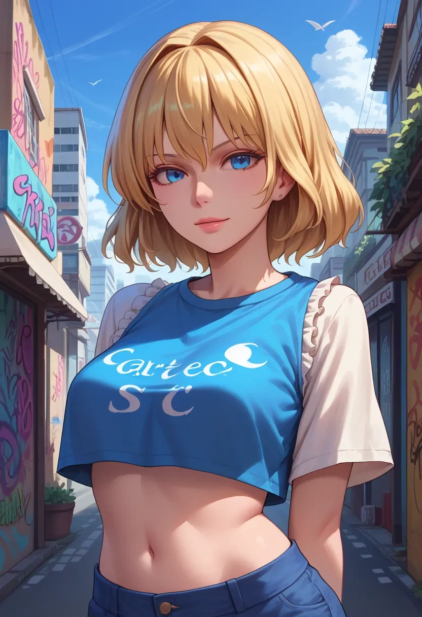 touhou,alice_margatroid_(pc-98),cropped graffiti sweatshirt,dolphin shorts  - 