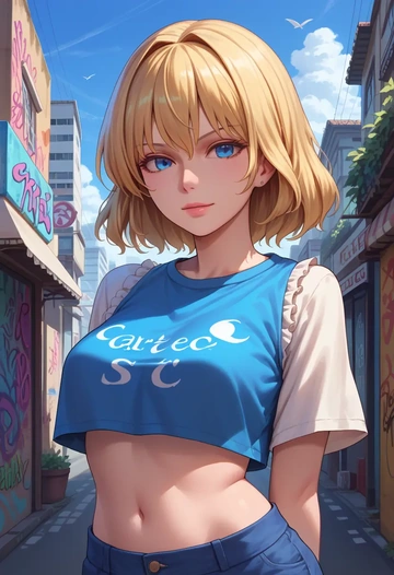 touhou,alice_margatroid_(pc-98),cropped graffiti sweatshirt,dolphin shorts  - AI generated anime art