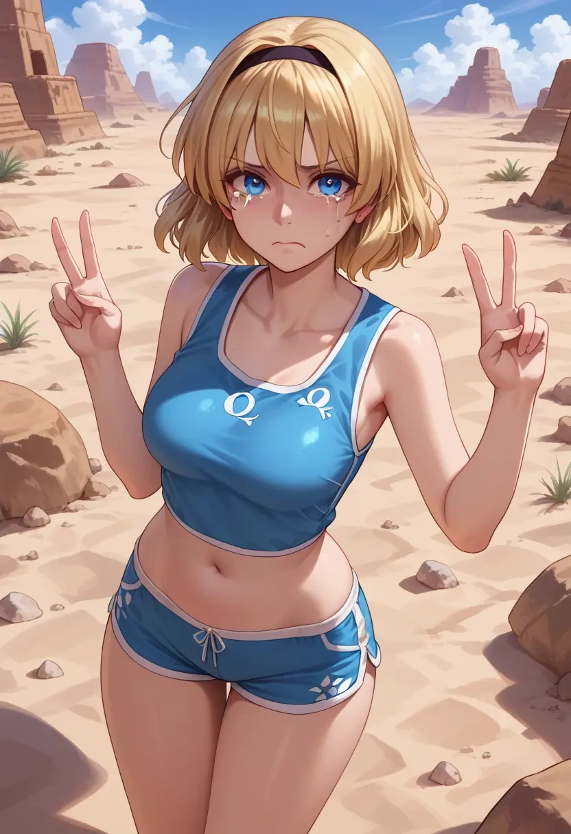 touhou,alice_margatroid_(pc-98),sleeveless swim top,shorts-style bottom,contrast stitching  - 