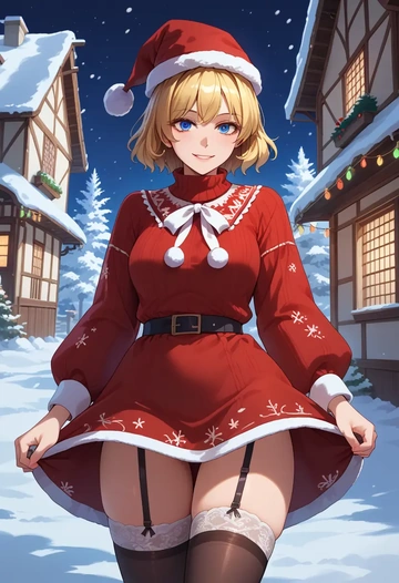 touhou,alice_margatroid,sweater,stockings,Thigh garters  - AI generated anime art