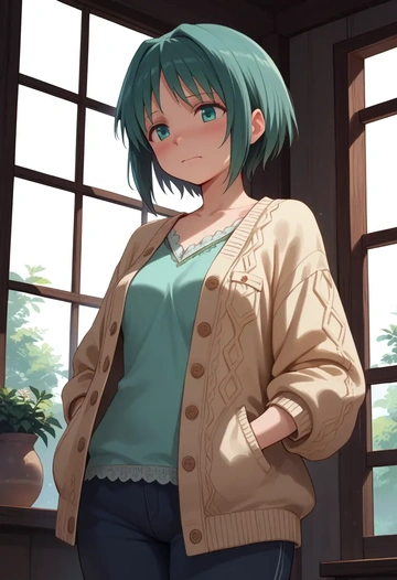 mahou_shoujo_madoka_magica,alina_gray,cardigan,oversized,wide-leg pants  - AI generated anime art