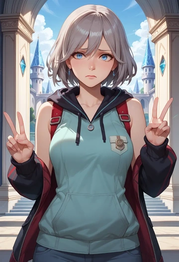 god_eater,alisa_ilinichina_amiella,sleeveless hoodie,biker shorts  - AI generated anime art