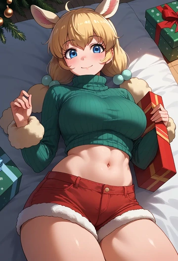 kemono_friends,alpaca_suri_(kemono_friends),Christmas,red velvet shorts,turtleneck sweater  - AI generated anime art