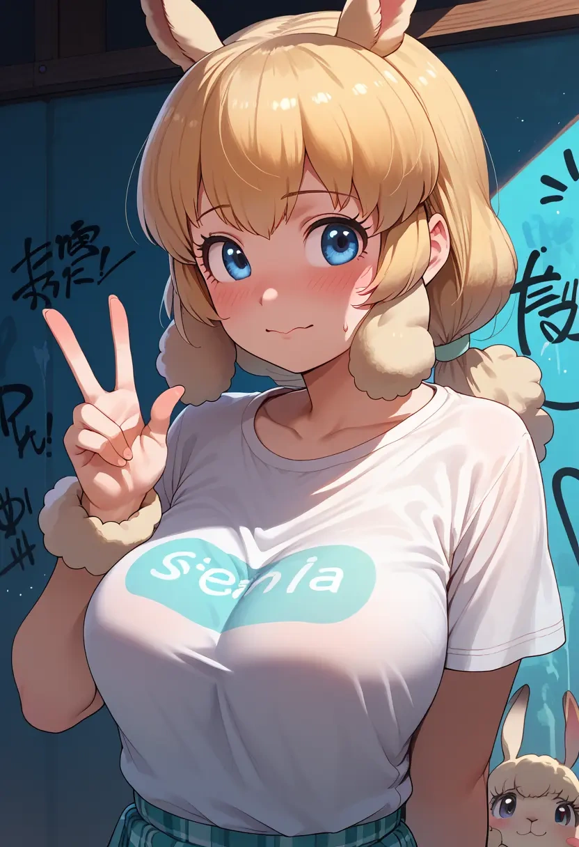 kemono_friends,alpaca_suri_(kemono_friends),crop graffiti tee,dolphin shorts  - 