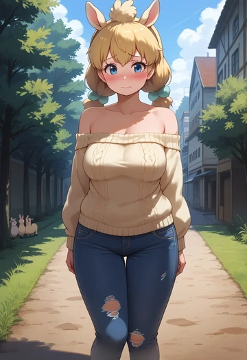 kemono_friends,alpaca_suri_(kemono_friends),sweater,off-shoulder,ripped jeans  - AI generated anime art