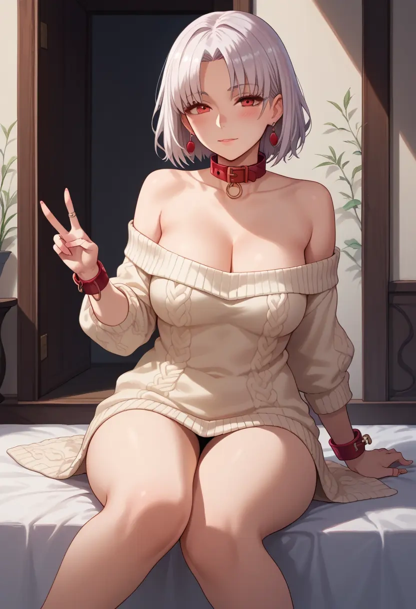 fate_(series),altera_(fate),blushing,collar,peace sign,off-shoulder,sweater  - 