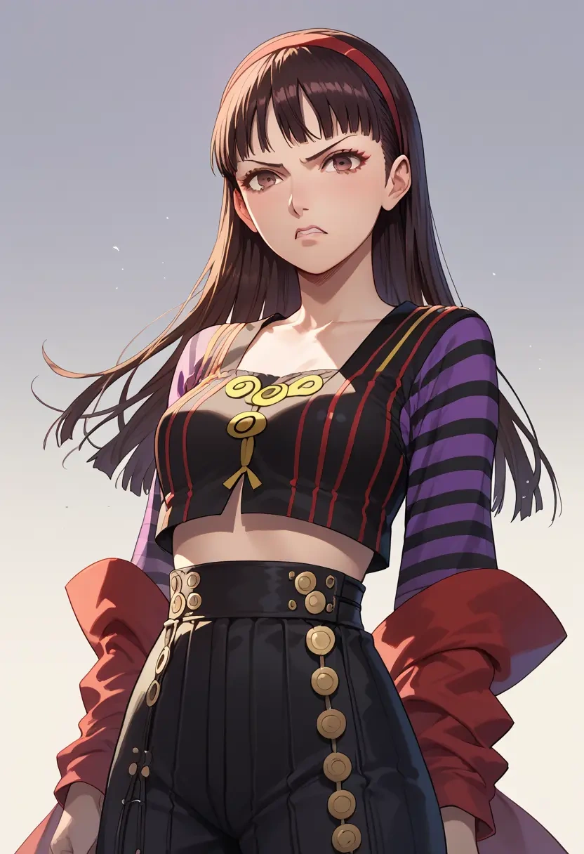 persona,amagi_yukiko,long-sleeve striped tee,pleated skirt,fishnet stockings  - 