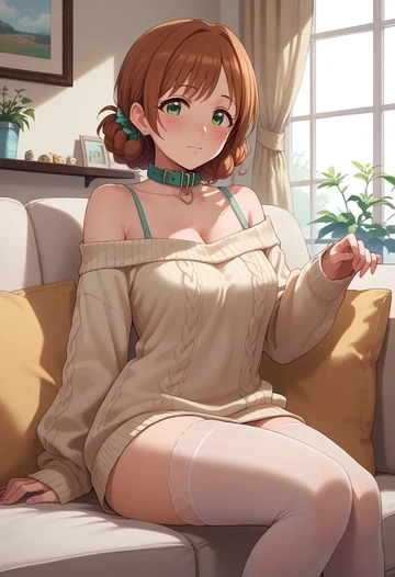 idolmaster,amami_haruka,blushing,collar,off-shoulder,sweater,stockings  - AI generated anime art