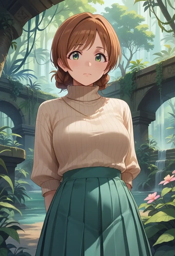 idolmaster,amami_haruka,skirt,pleated,turtleneck sweater  - AI generated anime art