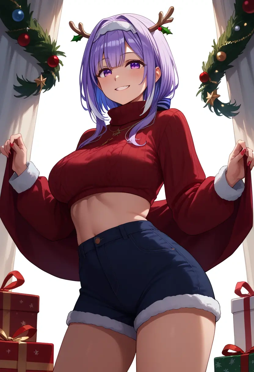 hololive,amane_kanata_(1st_costume),Christmas,red velvet shorts,turtleneck sweater  - 