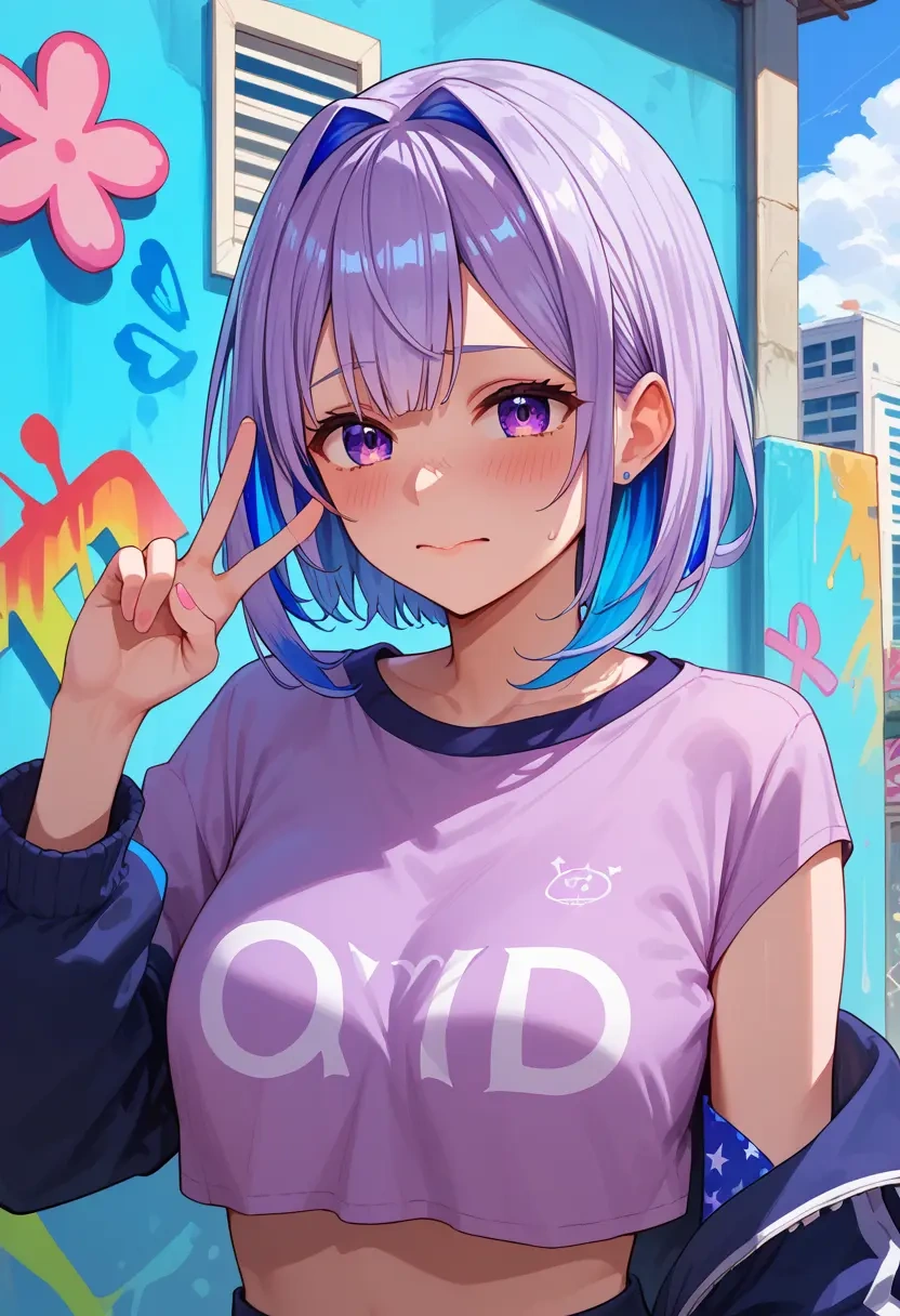 hololive,amane_kanata,cropped graffiti sweatshirt,dolphin shorts  - 