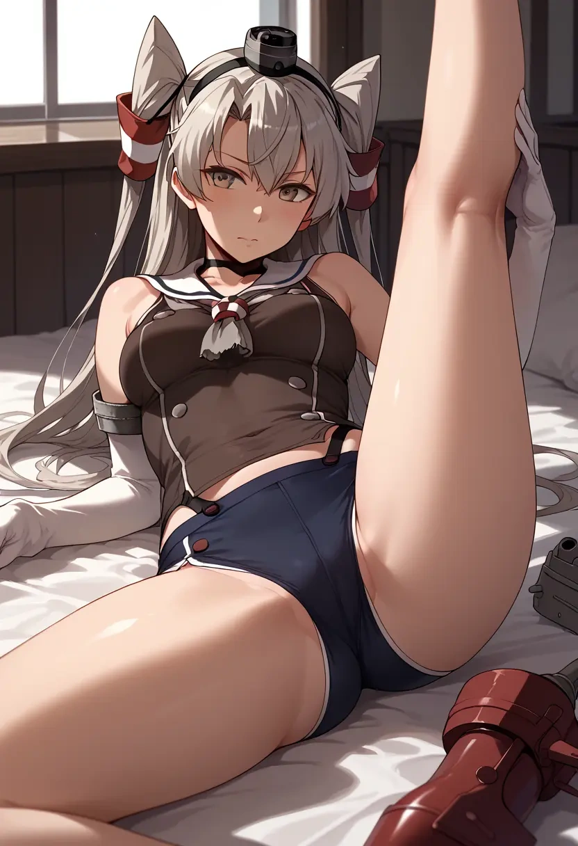 kantai_collection,amatsukaze_(kancolle),yoga shorts,spread legs,sexy,one leg up  - 