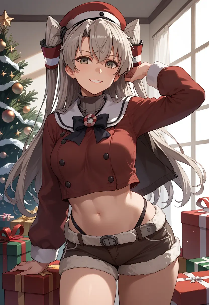 kantai_collection,amatsukaze_(kancolle),Christmas,red velvet shorts,turtleneck sweater  - 