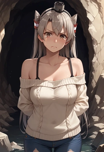 kantai_collection,amatsukaze_(kancolle),sweater,off-shoulder,ripped jeans  - AI generated anime art