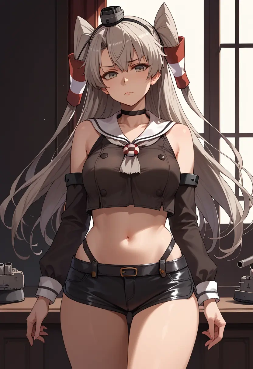 kantai_collection,amatsukaze_(kancolle),leather,shorts,crop top  - 