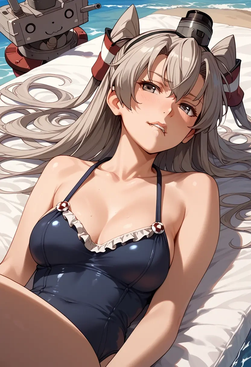 kantai_collection,amatsukaze_(kancolle),retro style swimsuit,frilled neckline,bow detail  - 