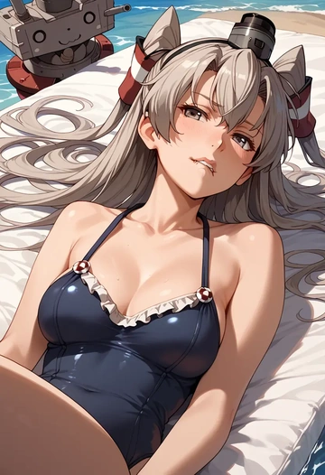 kantai_collection,amatsukaze_(kancolle),retro style swimsuit,frilled neckline,bow detail  - AI generated anime art