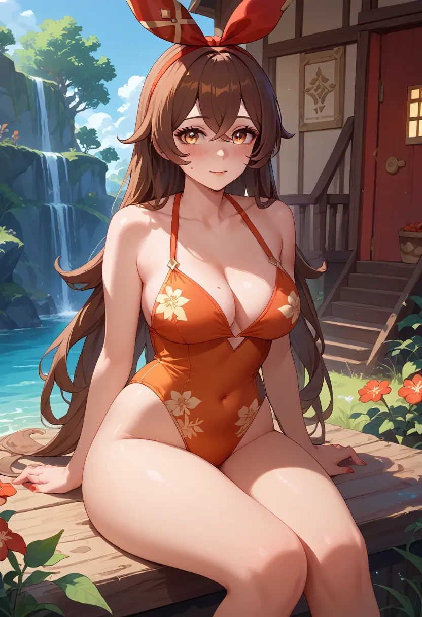 genshin impact,amber_(genshin_impact),swimsuit,floral print  - 