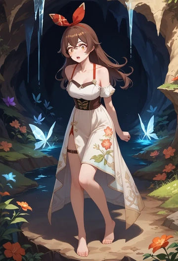 genshin impact,amber_(genshin_impact),silk slip dress,floral prints  - AI generated anime art