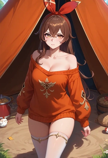 genshin impact,amber_(genshin_impact),off-shoulder,sweater  - AI generated anime art