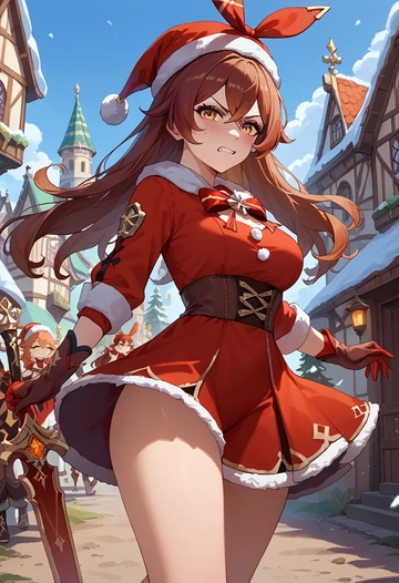 genshin impact,amber_(genshin_impact),Christmas,red velvet dress  - AI generated anime art