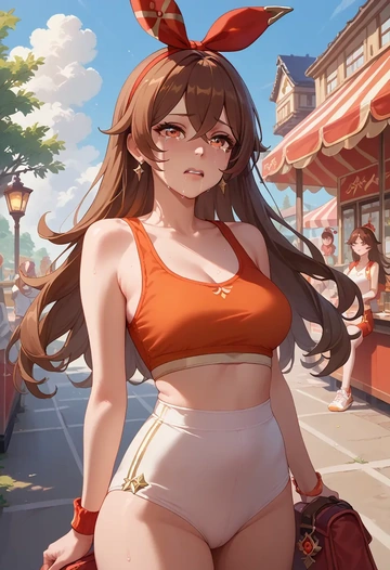 genshin impact,amber_(genshin_impact),tankini top,board shorts  - AI generated anime art