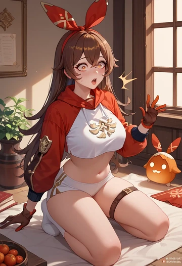 genshin impact,amber_(genshin_impact),crop top,athletic shorts  - AI generated anime art