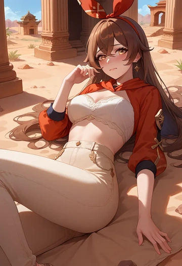 genshin impact,amber_(genshin_impact),pants,wide-leg,strappy top  - AI generated anime art