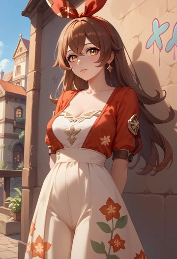 genshin impact,amber_(genshin_impact),floral graffiti blouse,dolphin shorts  - AI generated anime art