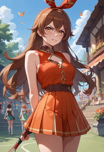 genshin impact,amber_(genshin_impact),tennis dress,visor,trainers  - AI generated anime art