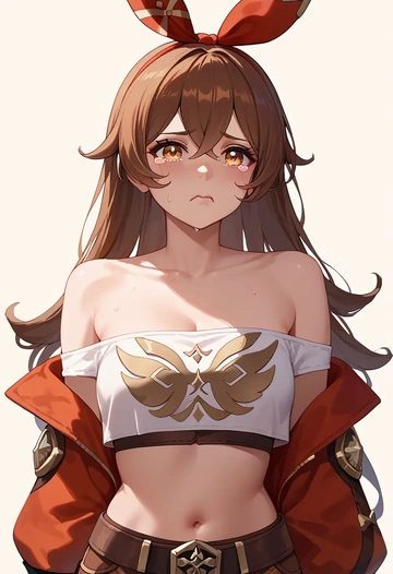 genshin impact,amber_(genshin_impact),off-shoulder top,dolphin shorts  - AI generated anime art