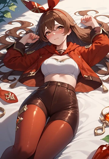 genshin impact,amber_(genshin_impact),denim jacket,cropped,leather leggings  - AI generated anime art