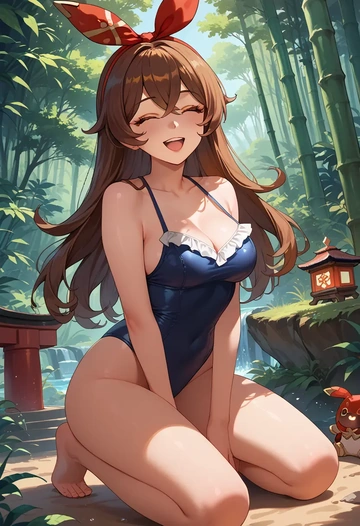 genshin impact,amber_(genshin_impact),retro style swimsuit,frilled neckline,bow detail  - AI generated anime art