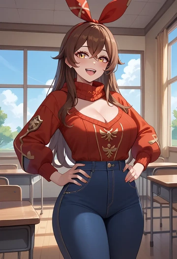 genshin impact,amber_(genshin_impact),teacher, sweater, jeans shorts  - AI generated anime art